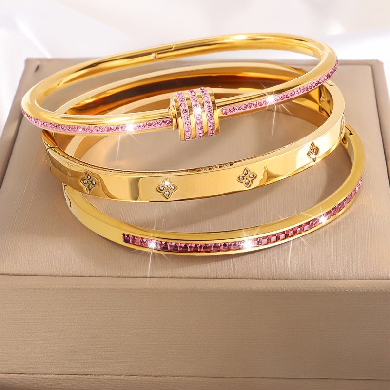 Boho Style Stainless Steel Bracelet Set 18K Golden Plating & Rhinestone Accents